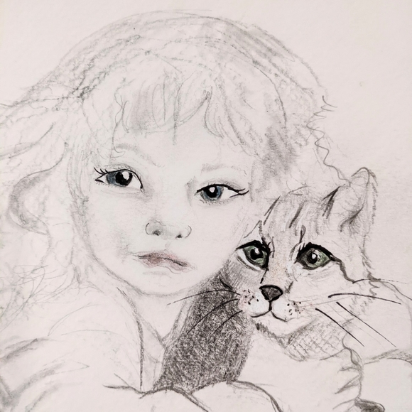 Anna and Mishu Original pencil and watercolor drawing - Picture 4 of 5
